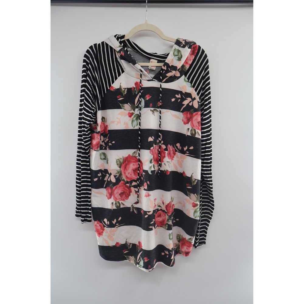 7th Ray Top Womens 3XL Black White Stripe Floral Hooded Tunic USA